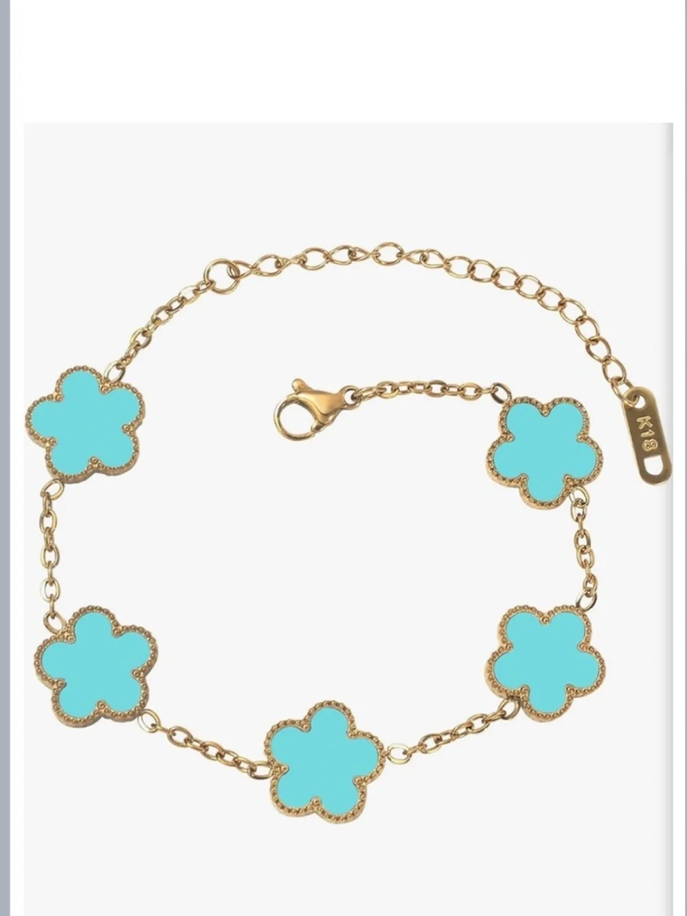 18K Gold Blue Clover Charm Bracelet Van Cleef Style Dainty Alhambra Chain Luxury